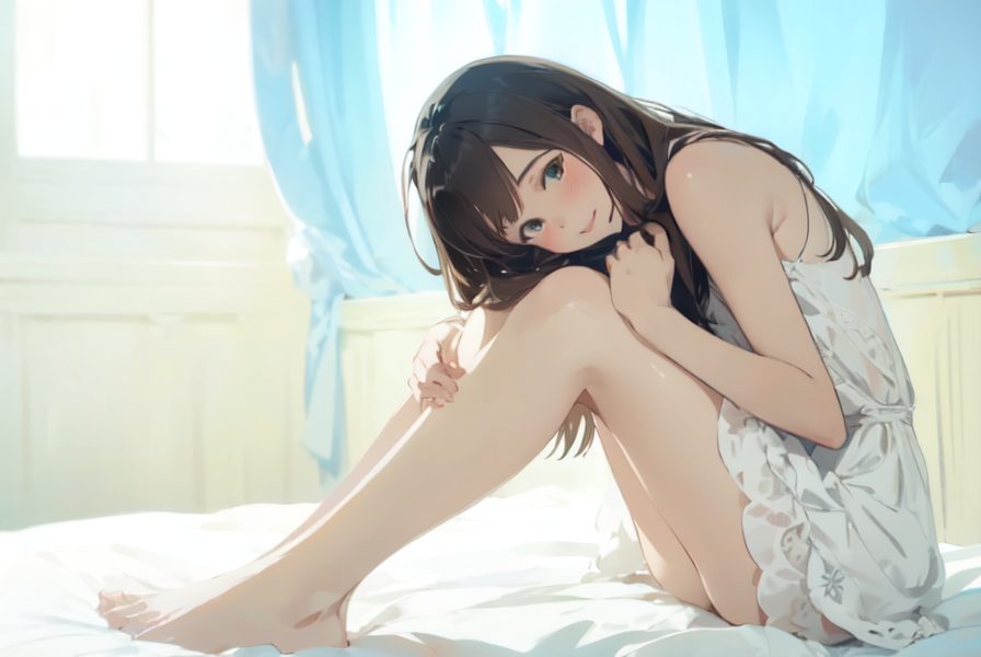 ベッドに座る女性